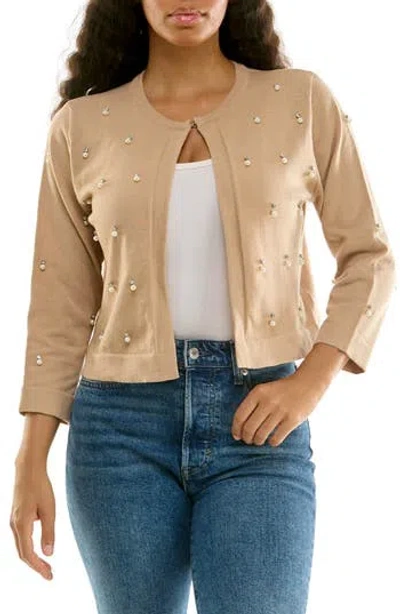 Nina Leonard Rhinestone & Imitation Pearl Bolero In Tan