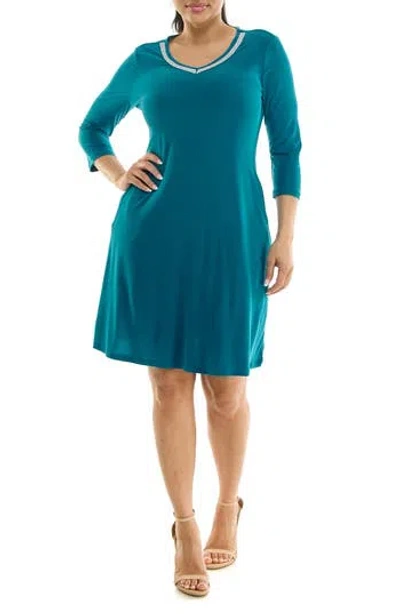 Nina Leonard Rhinestone V-neck Dress In Blue