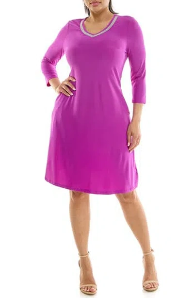 Nina Leonard Rhinestone V-neck Dress In Purple