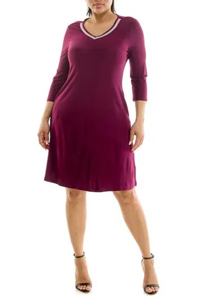 Nina Leonard Rhinestone V-neck Dress In Purple