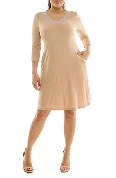 Nina Leonard Rhinestone V-neck Dress In Brown