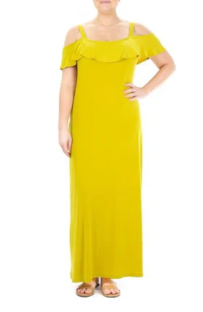 Nina Leonard Ruffle Cold Shoulder Maxi Dress In Green