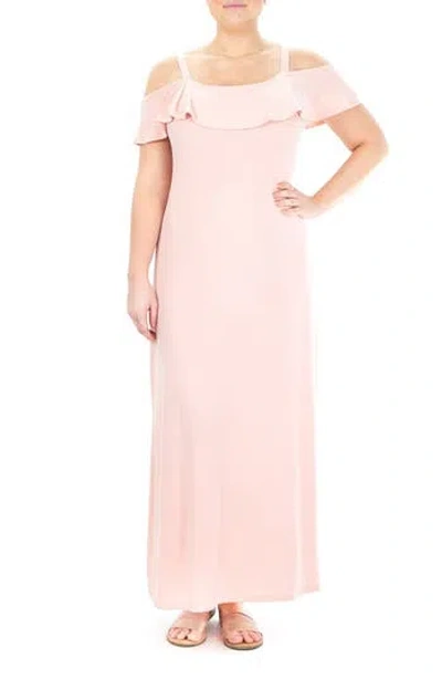 Nina Leonard Ruffle Cold Shoulder Maxi Dress In Pink