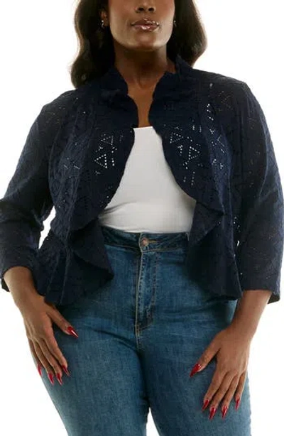 Nina Leonard Ruffle Lace Three-quarter Sleeve Bolero In Blue