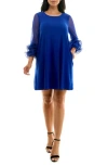 Nina Leonard Ruffle Mesh Sleeve Dress In Blue