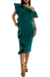 Nina Leonard Ruffle One-shoulder Scuba Sheath Dress In Emerald