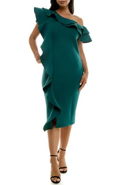 Nina Leonard Ruffle One-shoulder Scuba Sheath Dress In Emerald