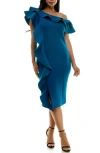 Nina Leonard Ruffle One-shoulder Scuba Sheath Dress In Harbor