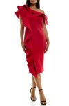 Nina Leonard Ruffle One-shoulder Scuba Sheath Dress In Nina Red