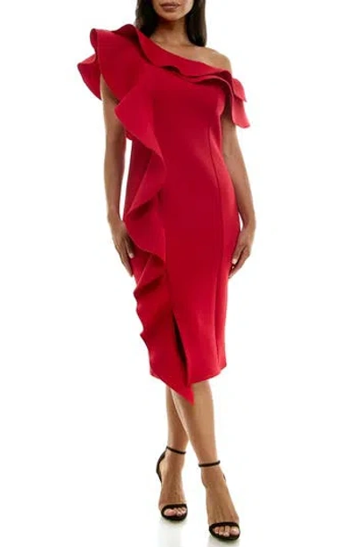 Nina Leonard Ruffle One-shoulder Scuba Sheath Dress In Nina Red