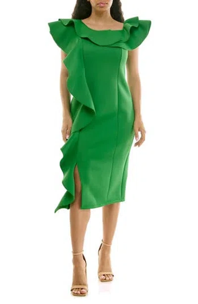 Nina Leonard Ruffle One-shoulder Scuba Knit Sheath Dress In Green