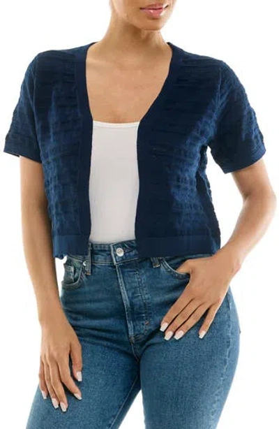 Nina Leonard Ruffle Open Front Knit Bolero In Navy