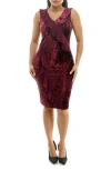 Nina Leonard Ruffle Sleeveless Crushed Velvet Sheath Dress In Burgundy