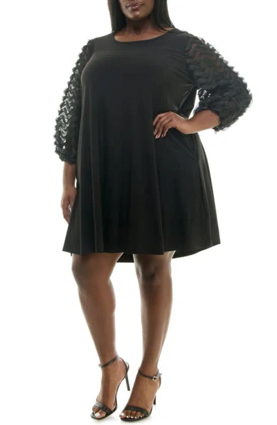 Nina Leonard Ruffle Three Quarter Sleeve Trapeze Dress In Black