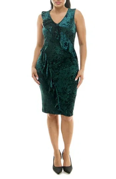 Nina Leonard Ruffle V-neck Sleeveless Sheath Dress In Green
