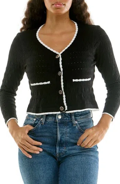 Nina Leonard Scallop Trim Cardigan Sweater In Black