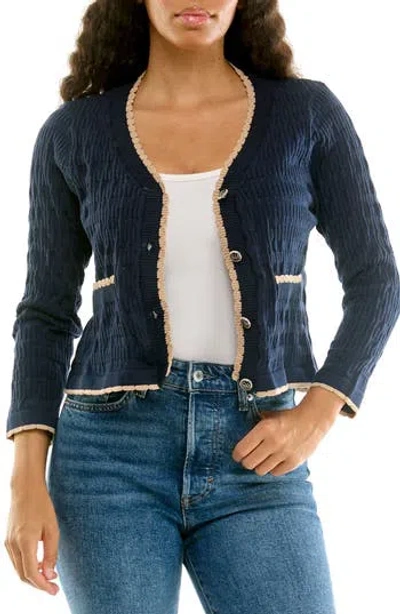 Nina Leonard Scallop Trim Cardigan Sweater In Blue