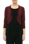 Nina Leonard Scalloped Bolero Shrug Sweater In Deep Wine