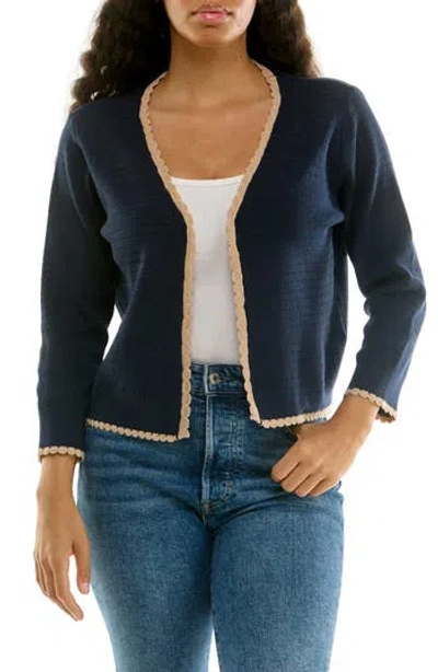 Nina Leonard Scalloped Trim Pointelle Cardigan In Blue