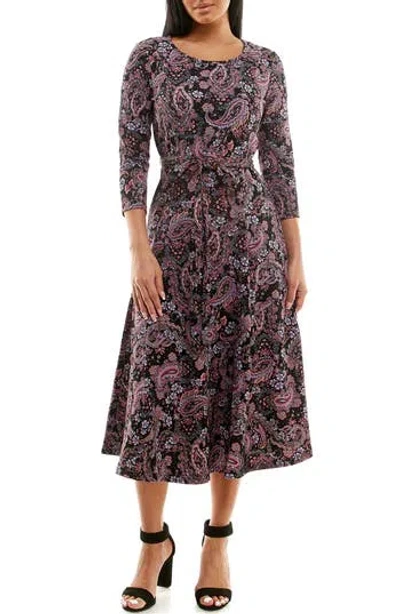 Nina Leonard Scoop Neck Jersey Midi Dress In Black/dusty Rose Multi