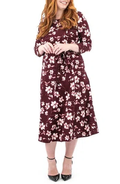 Nina Leonard Scoop Neck Jersey Midi Dress In Deep Wine Multi