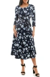 Nina Leonard Scoop Neck Jersey Midi Dress In Navy/multi