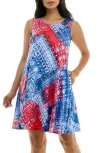 Nina Leonard Scoop Neck Sleeveless Dress In Blue/red Multi