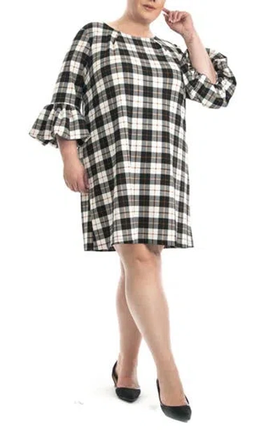 Nina Leonard Scuba Plaid Shift Dress In Ivory/black/mocha