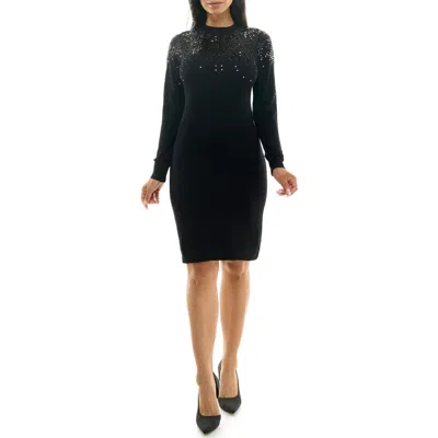 Nina Leonard Sequin Embellished Long Sleeve Sweater Dress In Black
