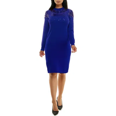 Nina Leonard Sequin Embellished Long Sleeve Sweater Dress In Blue