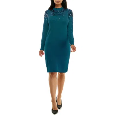 Nina Leonard Sequin Embellished Long Sleeve Sweater Dress In Green