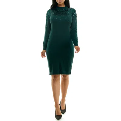 Nina Leonard Sequin Embellished Long Sleeve Sweater Dress In Rich Pine