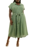 Nina Leonard Short Sleeve Clip Dot Shirtdress In Sage/gold