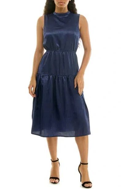 Nina Leonard Sleeveless Back Bow Tiered Dress In Blue