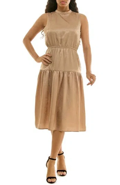 Nina Leonard Sleeveless Back Bow Tiered Dress In Brown