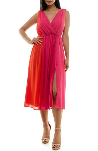Nina Leonard Sleeveless Colorblock Chiffon Dress In Hot Orange/pink/light Pink
