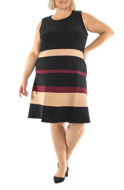 Nina Leonard Sleeveless Colorblock Stripe Dress In Black/khaki/wine