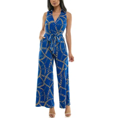 Nina Leonard Sleeveless Faux Wrap Jumpsuit In Blue