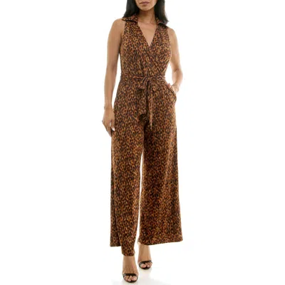 Nina Leonard Sleeveless Faux Wrap Jumpsuit In Brown
