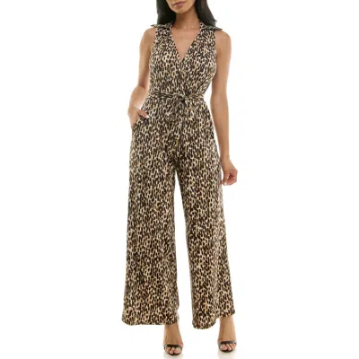 Nina Leonard Sleeveless Faux Wrap Jumpsuit In Tan Multi