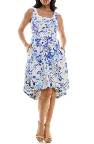 Nina Leonard Sleeveless Floral High-low Dress In Blue Multi