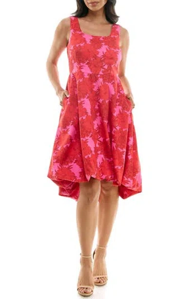 Nina Leonard Sleeveless Floral High-low Dress In Red Multi