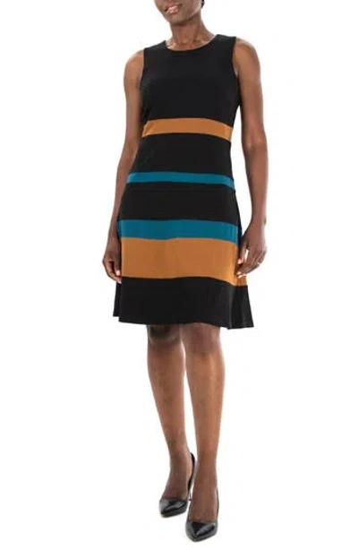 Nina Leonard Sleeveless Jewel Neck Colorblock Dress In Black/cognac/deep Dive