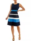 Nina Leonard Sleeveless Jewel Neck Colorblock Dress In Navy/waterfall/ivory In Multi