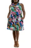 Nina Leonard Sleeveless Trapeze Dress In Navy Pink Multi