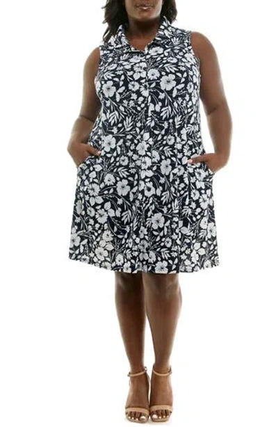 Nina Leonard Sleeveless Trapeze Dress In Navy/white