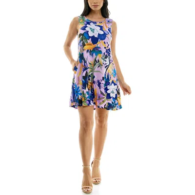 Nina Leonard Sleeveless Trapeze Dress In Purple