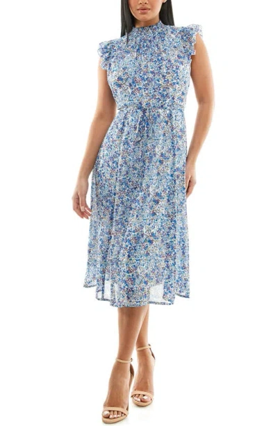 Nina Leonard Smock Chiffon Midi Dress In Blue Multi