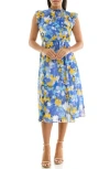 Nina Leonard Smock Chiffon Midi Dress In Blue Violet Multi
