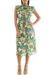 Nina Leonard Smock Chiffon Midi Dress In Bright Green Multi